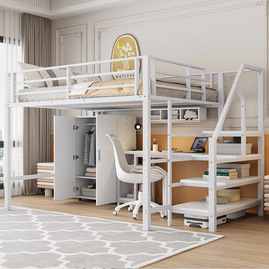 Merax Hochbett 140x200 cm mit Kleiderschrank Regalen Ablageleiter und Schreibtisch Weiß