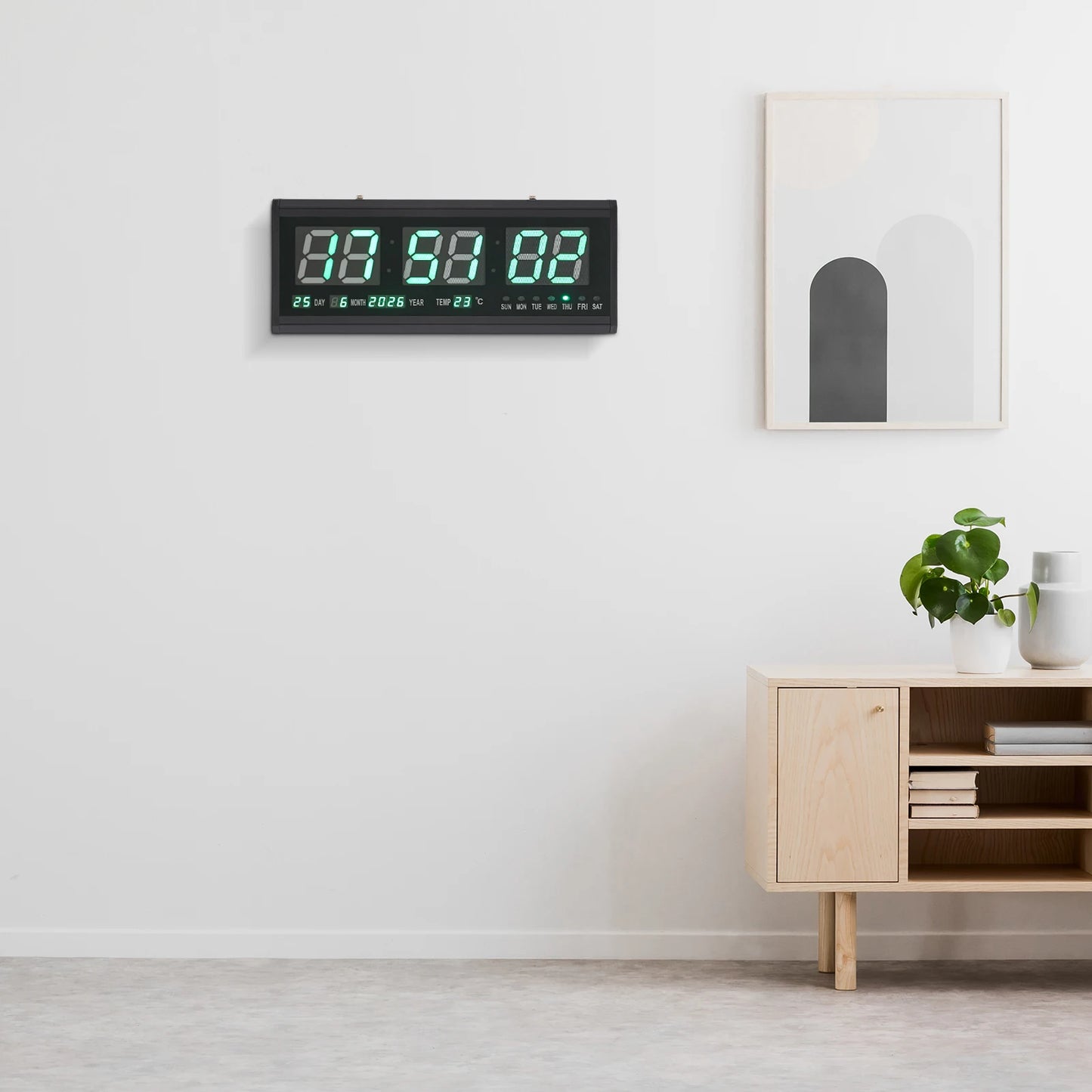 220 V große LED-Digital-Wanduhr, Zeit, Temperatur, Datum, Woche, Anzeige, automatischer Dimmer, leuchtende, leise Tischuhr, Wanduhr, 48 x 19 cm