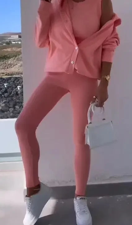 Women 3pcs Clothes Set Solid Color Sports Singel Breasted Shirt Jacket & Sleeveless Cami Tank Top & Slim Skinny Pants.