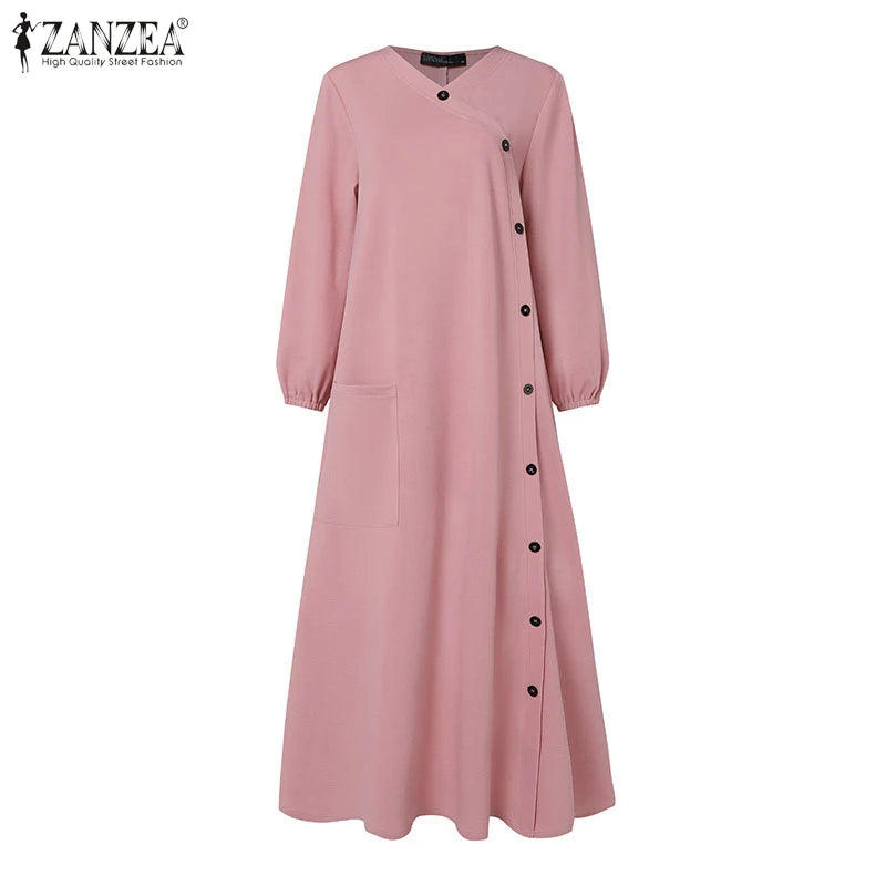 ZANZEA Muslim Casual Loose Long Dresses Textured O Neck Buttons Long Sleeve A-line Vestidos Women 2024 Islamic Hijab Abaya Robes.