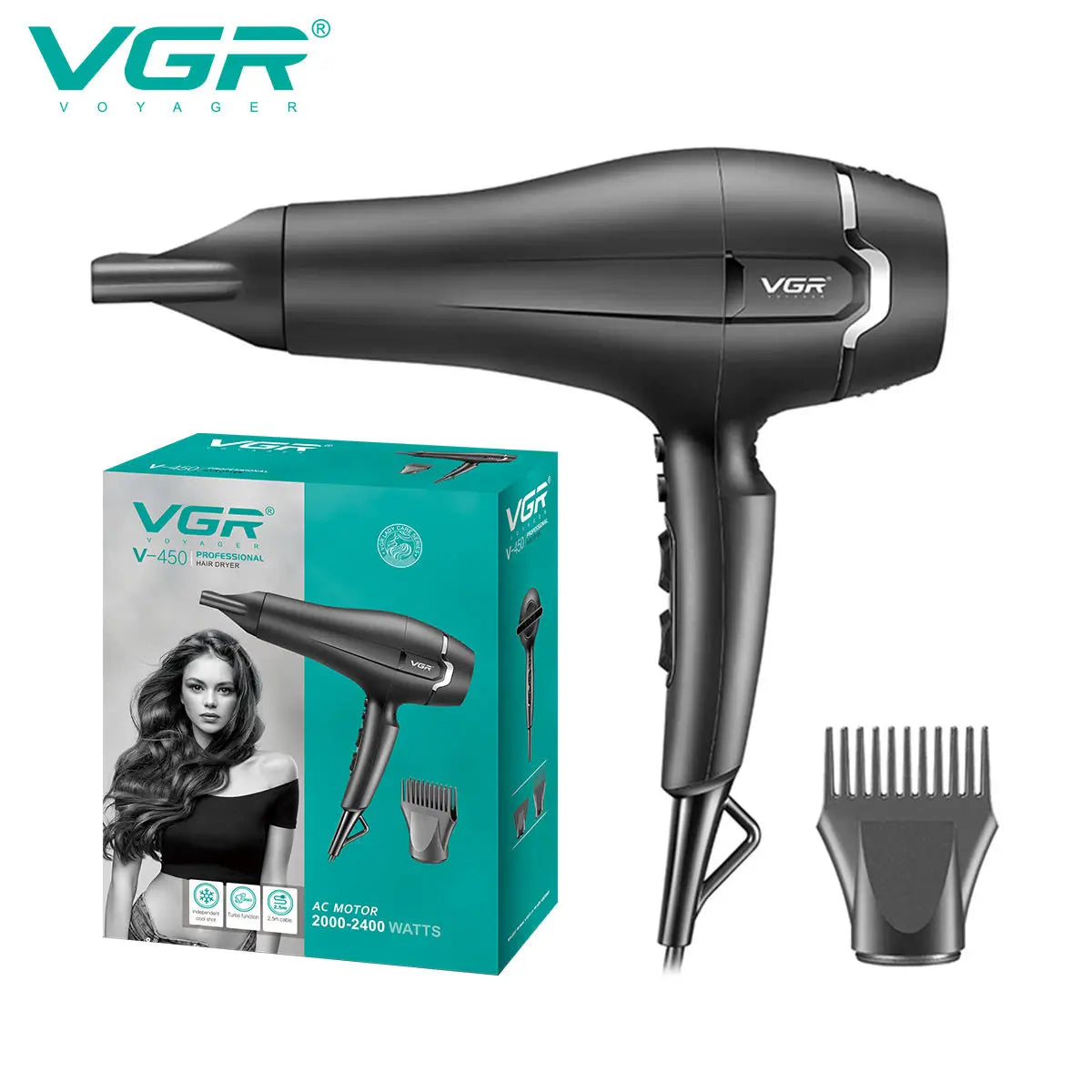 VGR professional multi gear adjustable hair dryer hair salon household high-power distributed air nozzle cold hair dryer V-450.