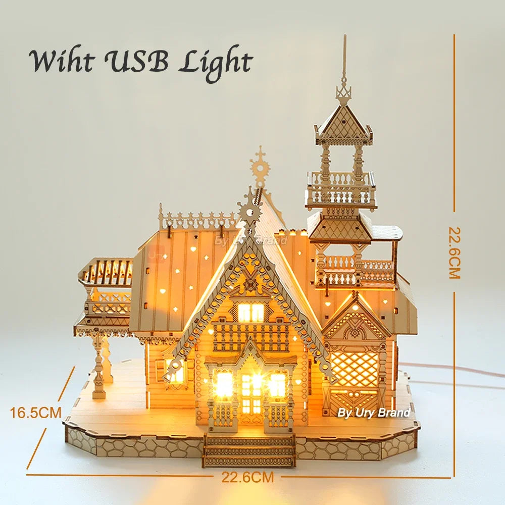 3D Wooden Puzzle Villa House Royal Castle with Light Assembly Toy Kid Adult DIY Model Kits Desk Decoration for Gift.