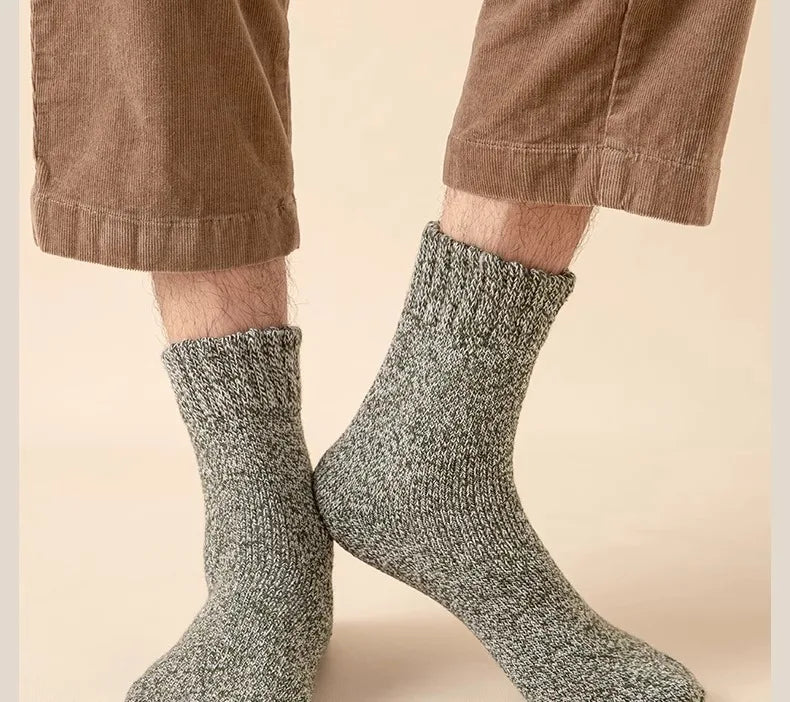 5 pairs of men's mid-calf thick winter fleece-lined thermal terry socks, blended cashmere solid color towel socks