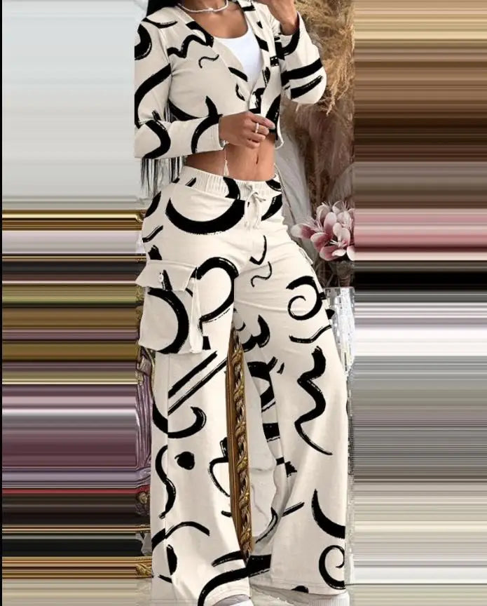 Autumn Fashionable And Elegant Solid Color Women's Suit Long-sleeved V-neck Short Coat Pocket Wide-leg Drawstring Trousers Suit