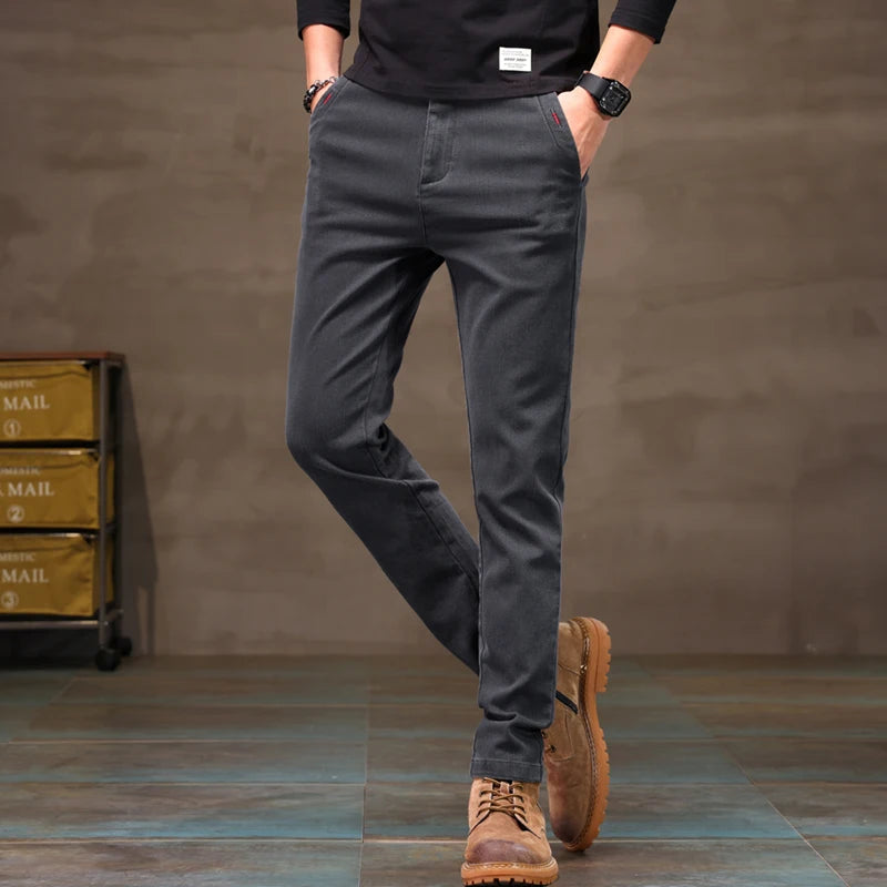 Men's Business Casual Pants Stretch Slim Fit Straight Semi-elastic Waist Trousers Solid Classic Office Work Male Clothing.