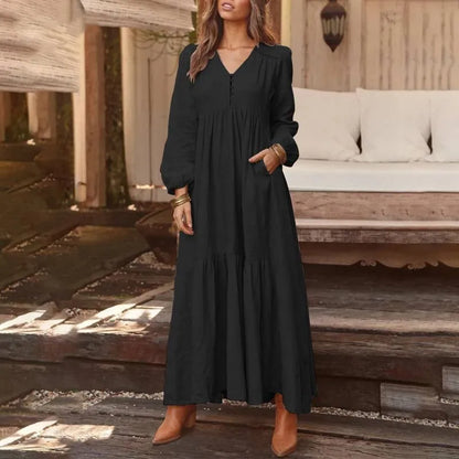 Baumwolle Und Leinen Vintage Stil Langes Kleid Für Frauen Casual V-ausschnitt Langarm Lose Maxi Kleider Weibliche Elegante frauen Kleidung