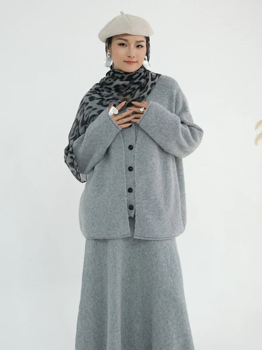 Muslim Women Dubai Abayas Dress Modest Winter Thick Knitted Set Solid Color Three Piece Set Islam Robe Femme Kaftan Clothing set.