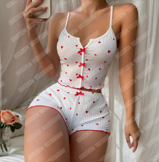 Frauen Sexy Nachtwäsche Pyjamas Set Herz Druck Seide Fleck V-ausschnitt Ärmellose Sexy Dessous Casual Cami und Shorts Sets Loungewear.
