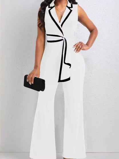 Women's Overalls Outfits Full Length New Fashion 2025 Summer V Neck Elegant Sleeveless Office Lady Jumpsuit Wide Leg Pants