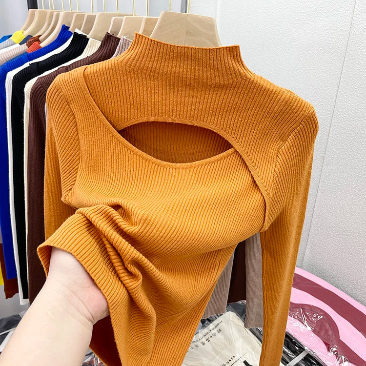 2025 weibliche Casual Pullover Herbst Winter Sexy Aushöhlen Frauen Pullover Schlank Vintage Jumper Weiche Warme Pull Gestrickte Pullover Tops.