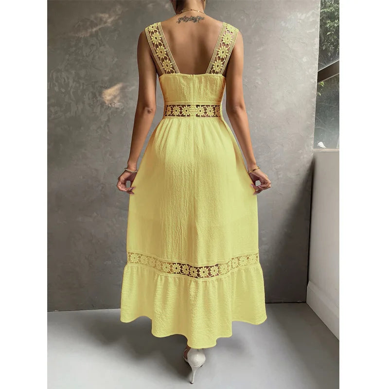 Weiße Lange Kleid Frauen Sommer Sexy Sleeveless Backless Maxi Kleider Damen Elegante Hohle Heraus Spitze Kleid Boho Sommerkleid Vestidos
