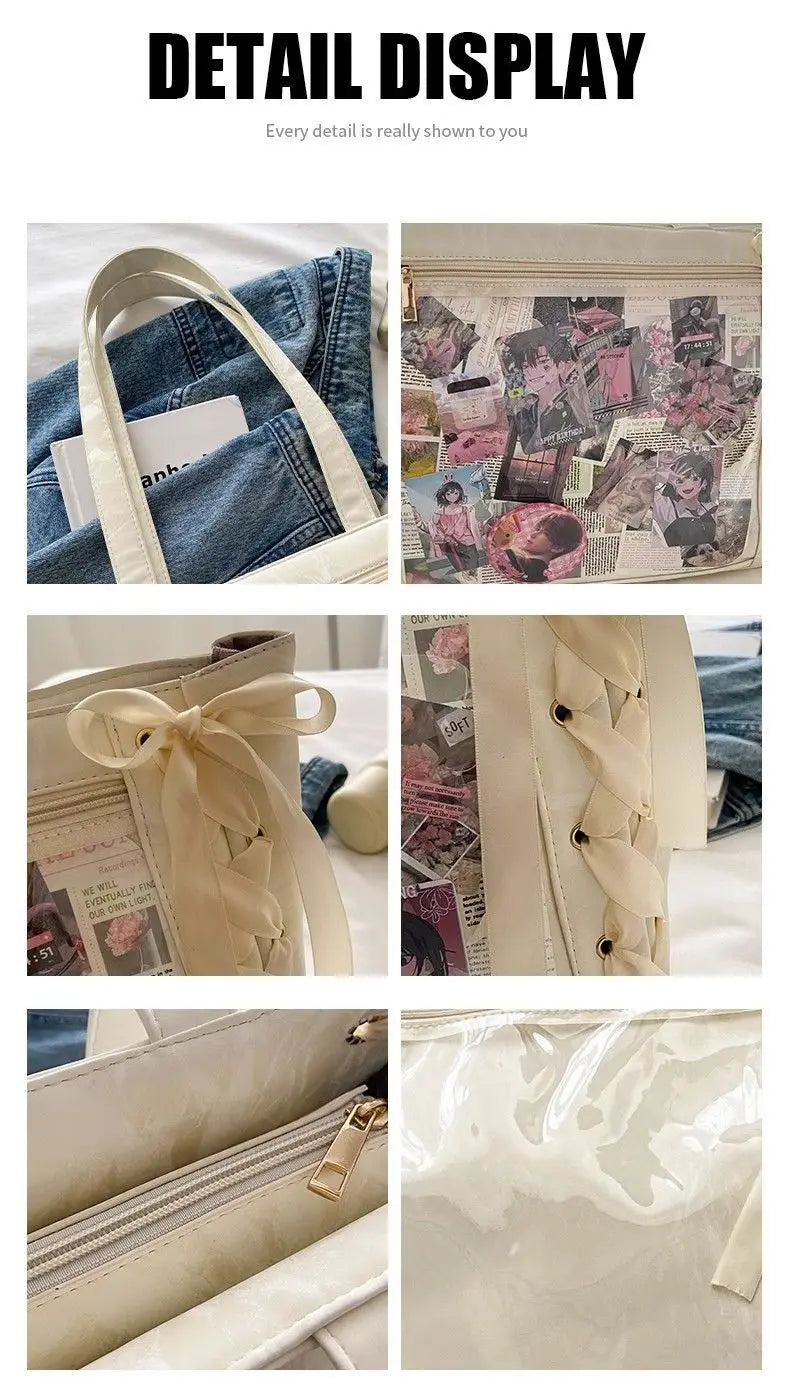 New Versatile Fashion Ribbon Itabag Large Capacity Green Large Food Anime Millet Bag Daily One Shoulder Tote Bag.