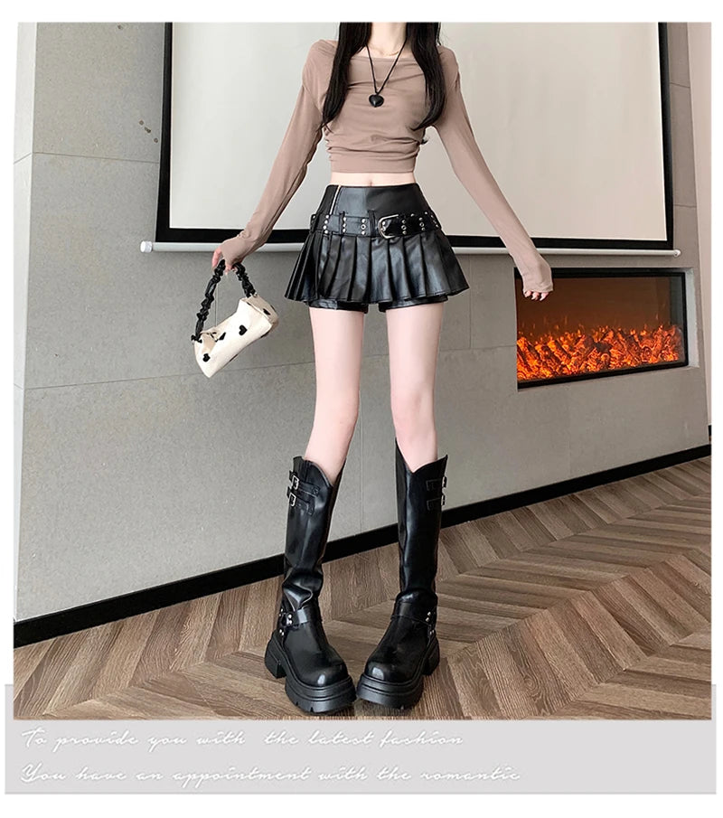 Women's Black Gothic A-line Pleated Leather Skirt Y2k Mini Shorts Skirts Harajuku Korean Emo Skirt 2000s Vintage Clothes Summer.