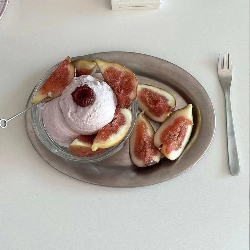 Multi-Size Stainless Steel Oval Dish Plates Household Food Dinner Steamed Shallow Plate Kitchen Tableware.