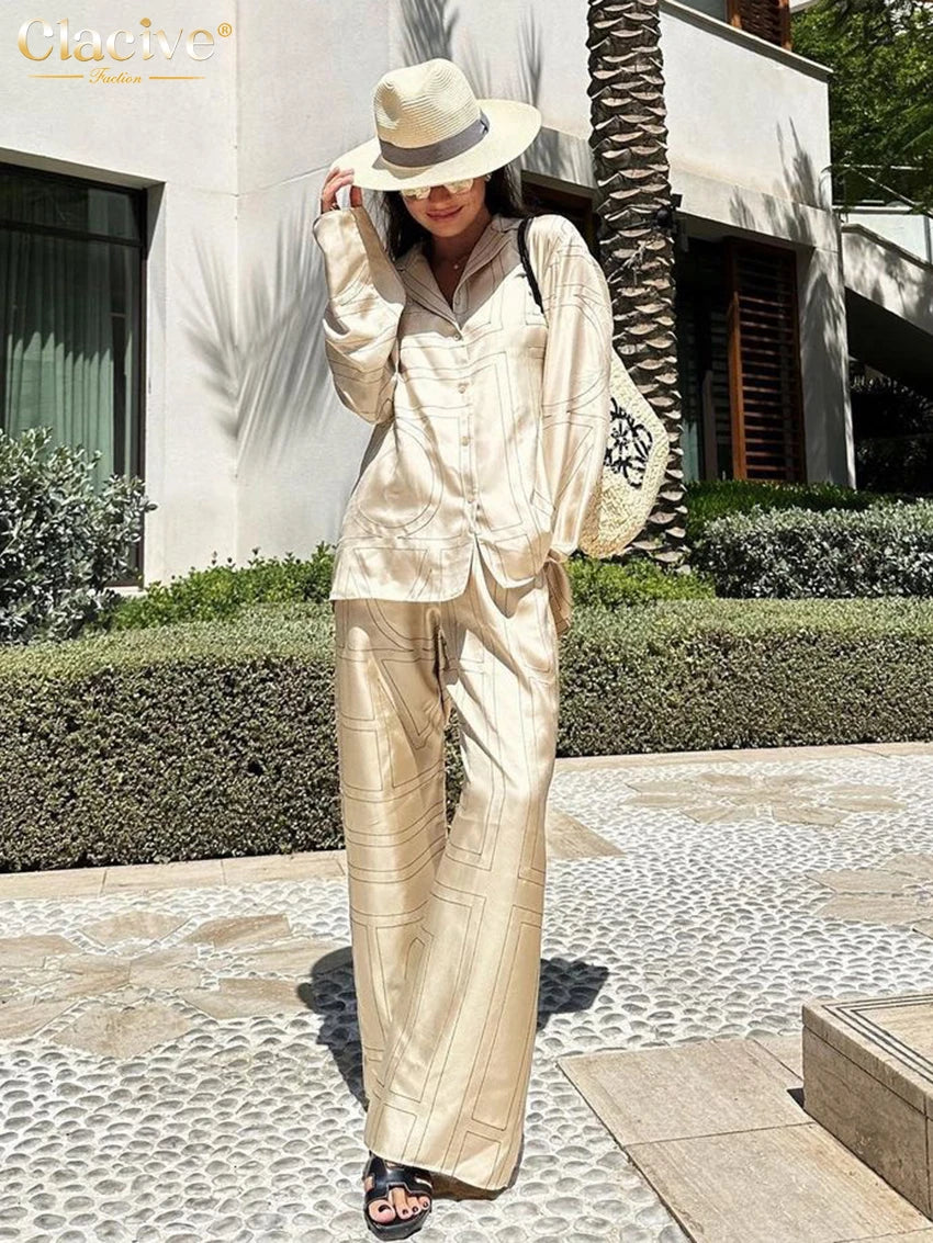 Clacive Fashion Long Sleeve Blouse 2 Piece Sets Women Outfit Elegant Loose Print Pants Set Casual High Waist Wide Trousers Suits.
