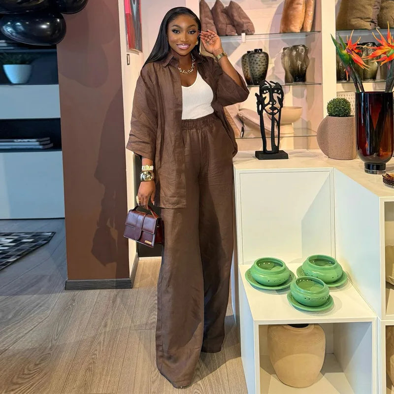 Cotton Linen Set Women Spring Summer Loose Oversize Long Sleeve Shirt Long Pants 2 Piece Sets Casual Office Ladies Trousers Suit.