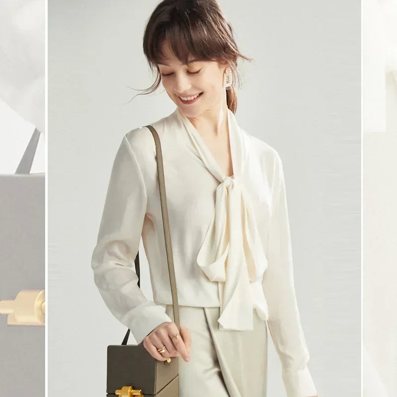 Silk Shirt Women's Thick Temperament Streamer 2025 Spring and Summer New Mulberry Silk Lace-up Design Shirt Long-sleeved Top