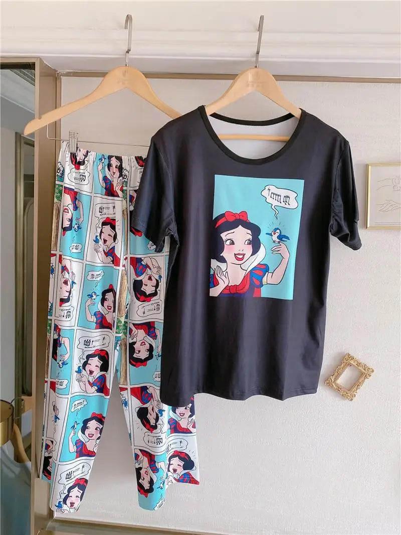 Sommer Pooh Bär Nachtwäsche frauen Lose Bequeme Cartoon Print Hause Kleidung Set Kurzarm Nachthemd Mickey Pyjama Set