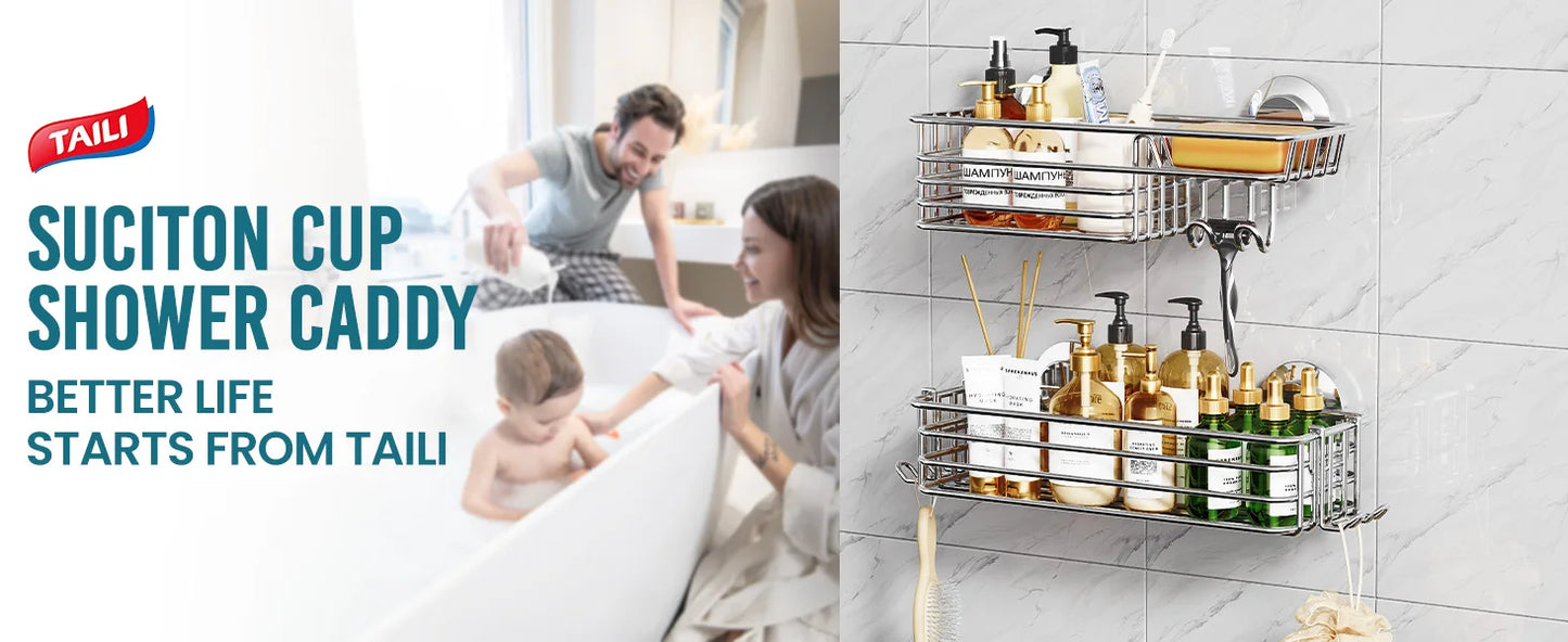 TAILI Dusch-Caddy mit Saugnapf, 2er-Pack mit Haken und Seifenhalter, robuster Badezimmer-Dusch-Organizer, ohne Bohren von Duschregalen
