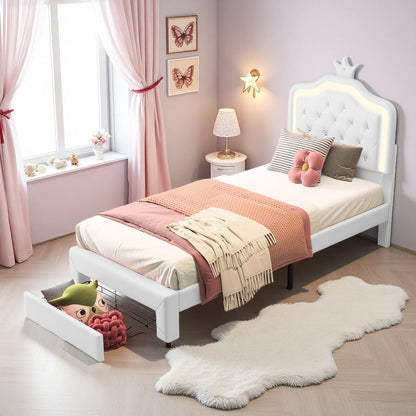 Rosahqnda Kinderbett, gepolsterter Bettrahmen, Krone, Kopfteil, Schubladenschrank, verstellbare Kopfteil-Lederoberfläche