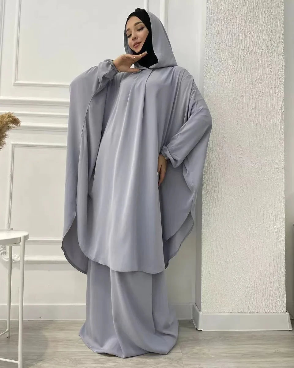 Eid Hooded Abaya 2 Piece Set Long Hijab Khimar Muslim Women Dress Prayer Jilbab Ramadan Gown Abayas Skirt Sets Islamic Clothes.
