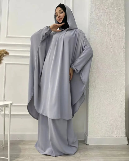 Eid Hooded Abaya 2 Piece Set Long Hijab Khimar Muslim Women Dress Prayer Jilbab Ramadan Gown Abayas Skirt Sets Islamic Clothes.
