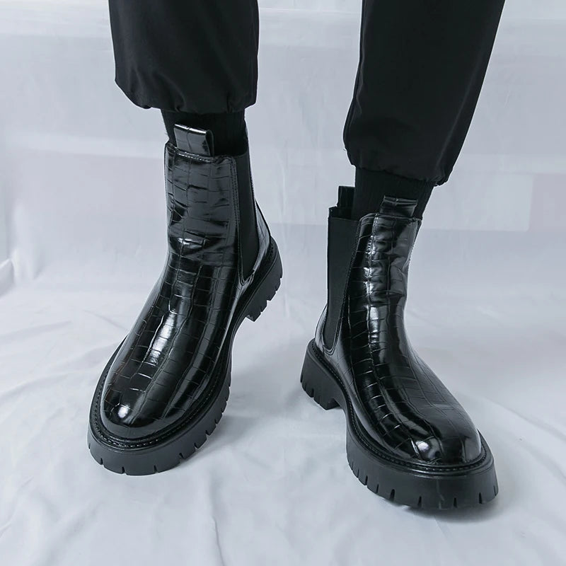 Street Style Pointed Toes Chelsea Boots Stylish Leather Ankle Boots Fashion High Top Shoes Party Business Motorcycle Boots Botas