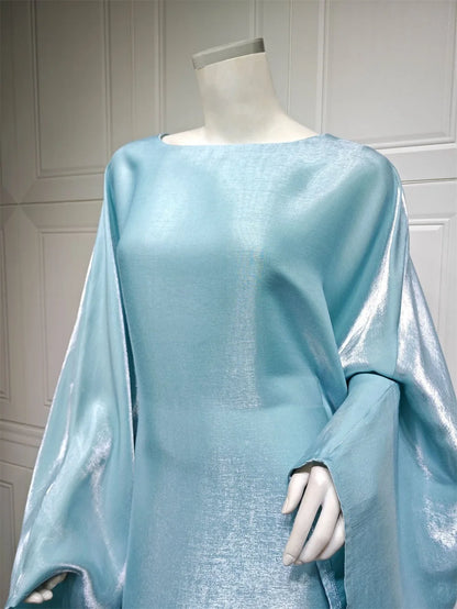 Siskakia Muslim 2024 New Eid Dresses Solid Shiny Satin Batwing Sleeve Modest Kebaya Turkish African Women Abayas Saudi Clothing