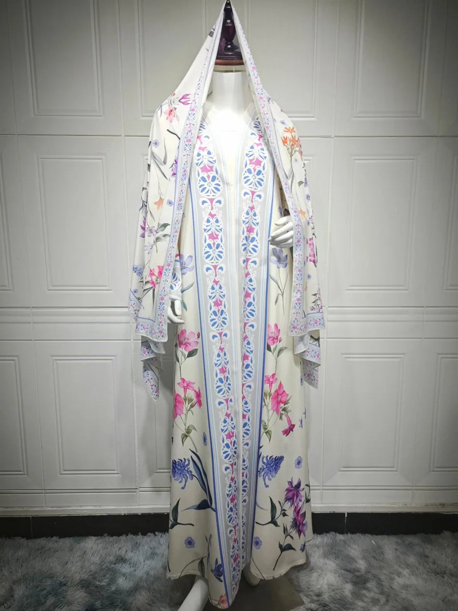 Muslim Women Dubai Abaya Luxury Floral Print Kimono Cardigan Hijab Long Dress Kaftan Ramadan Robe Femme Islam Clothing Kebaya.