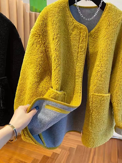 Hochwertige Lammwolljacke für Damen, lockerer warmer Samtmantel, 2025, neuer Frühling und Herbst, große Taschen, modische Oberbekleidung, M-3XL.