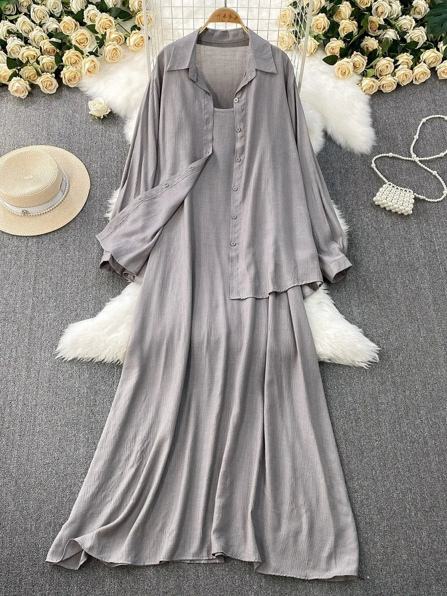 Muslim Women Shirt Dress Two Piece Set Solid Modest Suits Ramadan Musulman Ensemble Morocco Dubai Abayas Islam Outfits Jalabiya