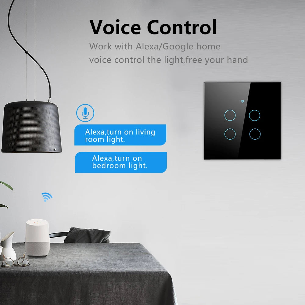 Tuya Wifi Smart Touch Licht EU Schalter Drahtlose Fernbedienung LED Licht Schalter Kein Neutralleiter Erforderlich 1-4 Gang Alexa Google Hause.