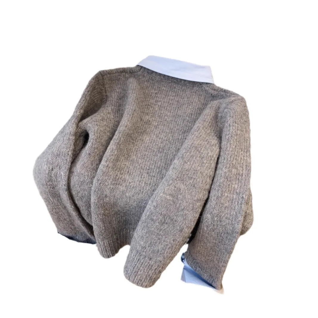 Gefälschte Zwei Shirts Kragen Pullover frauen Herbst Outfit Neue Lazy Linterior Kontrast Farbe Grau Stricken Pullover Top Mit Flip kragen.