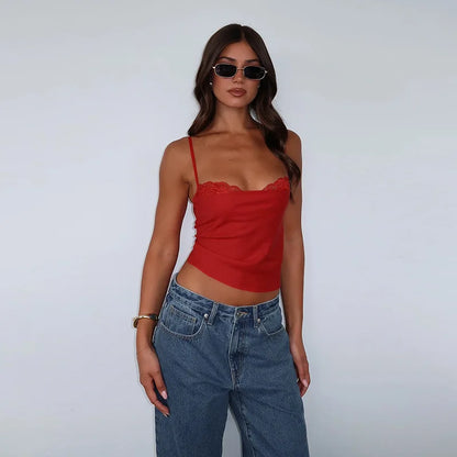 Top Sexy Hot Girl Sommer Slim Fit Einfarbig Spitze Patchwork Hosenträger | H&D Shop