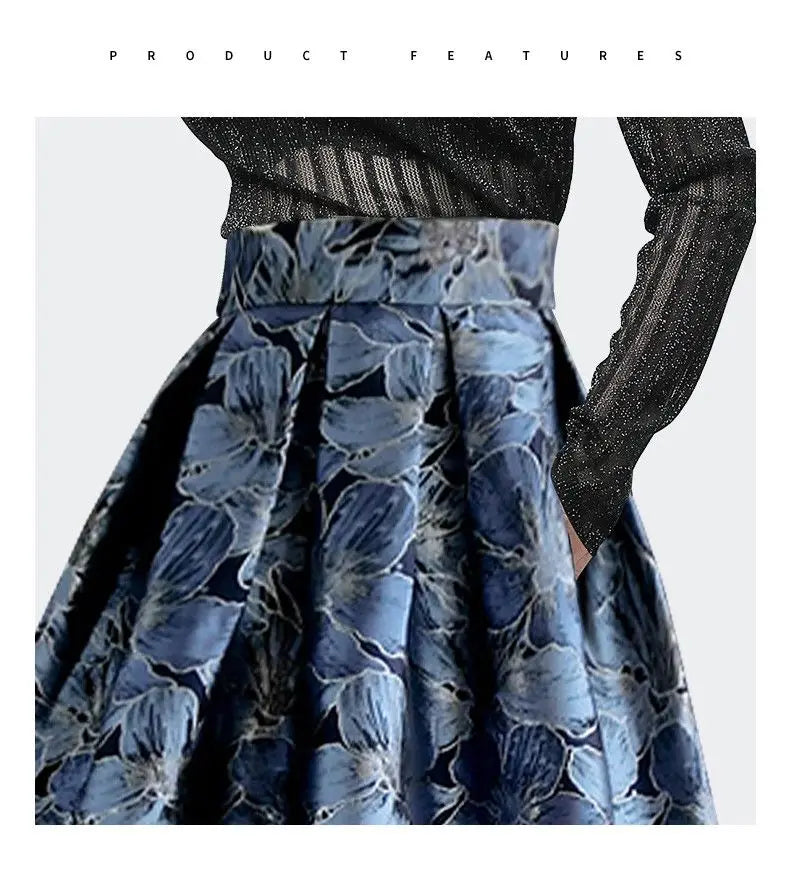 Blue Floral Print Vintage High Waist Ball Gown A-line Loose Women's Skirt Knee-Length Long Skirts For Women Clothing Fashion.