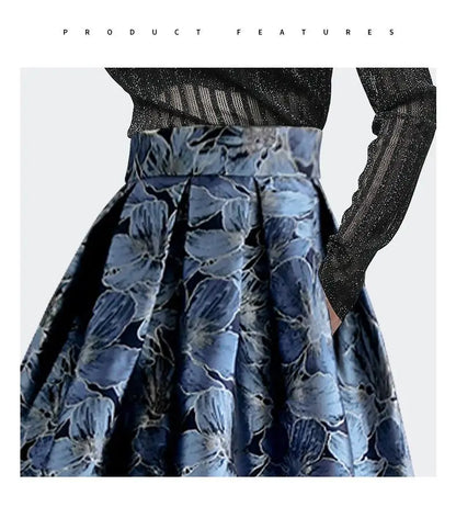 Blue Floral Print Vintage High Waist Ball Gown A-line Loose Women's Skirt Knee-Length Long Skirts For Women Clothing Fashion.