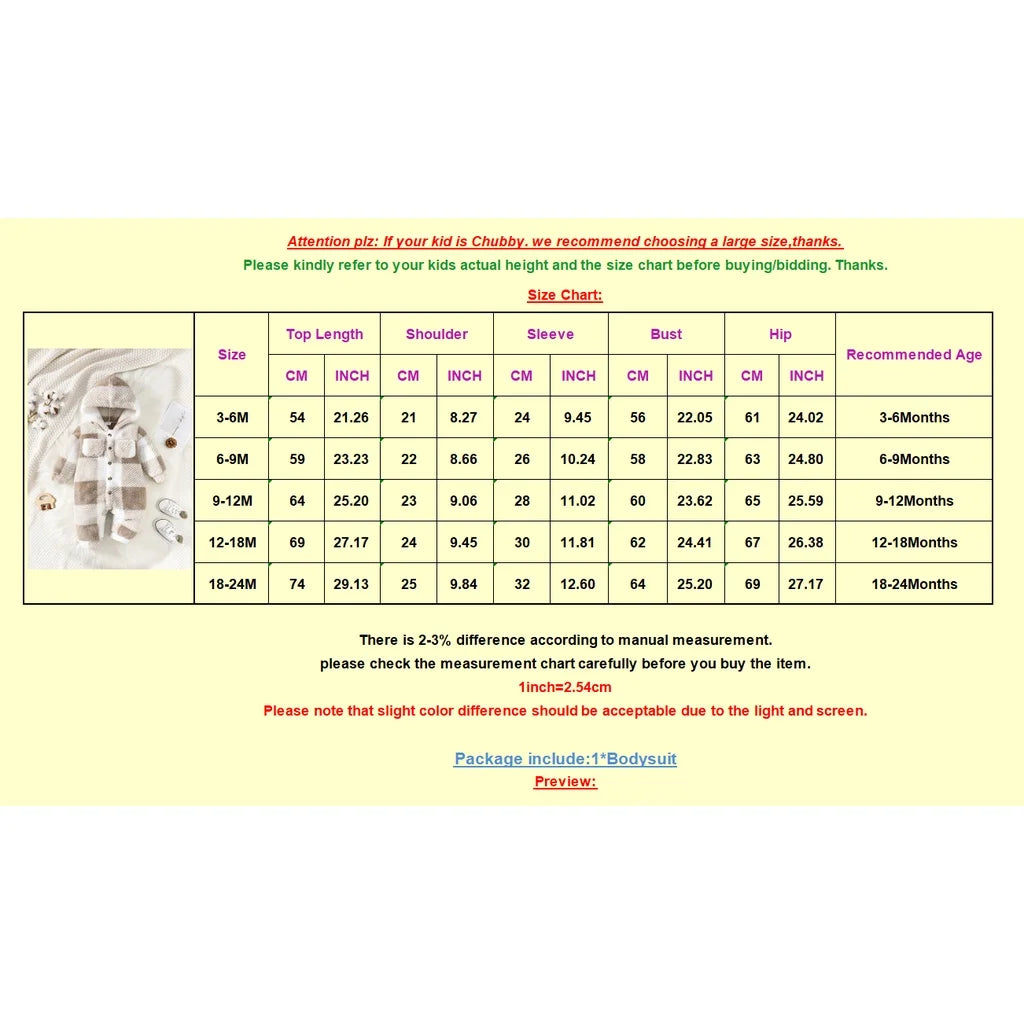Baby-Strampler für Jungen und Mädchen, kariert, mit Kapuze, langärmelig, Plüsch-Overall, Winter, warmer Body, Kleidung für Kleinkinder im Alter von 3–24 Monaten.