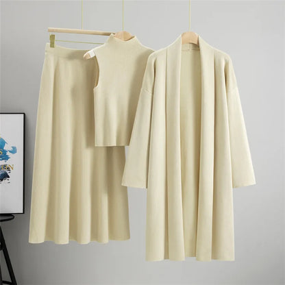 Women Knitted Sweater Muslim 3 Piece Set Long Cardigan Coat Skirt Vest Suit Knit Skirts Outfits Morocco Tracksuit Autumn Winter.