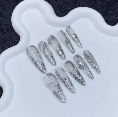 10Pcs Black Handmade Press On Nails Coffin Fake Nails Full Cover Gradient Metal Contrast Artificial Manicure Wearable Nail Tips.