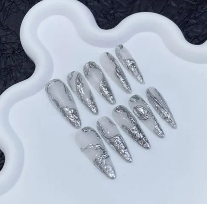 10Pcs Black Handmade Press On Nails Coffin Fake Nails Full Cover Gradient Metal Contrast Artificial Manicure Wearable Nail Tips.