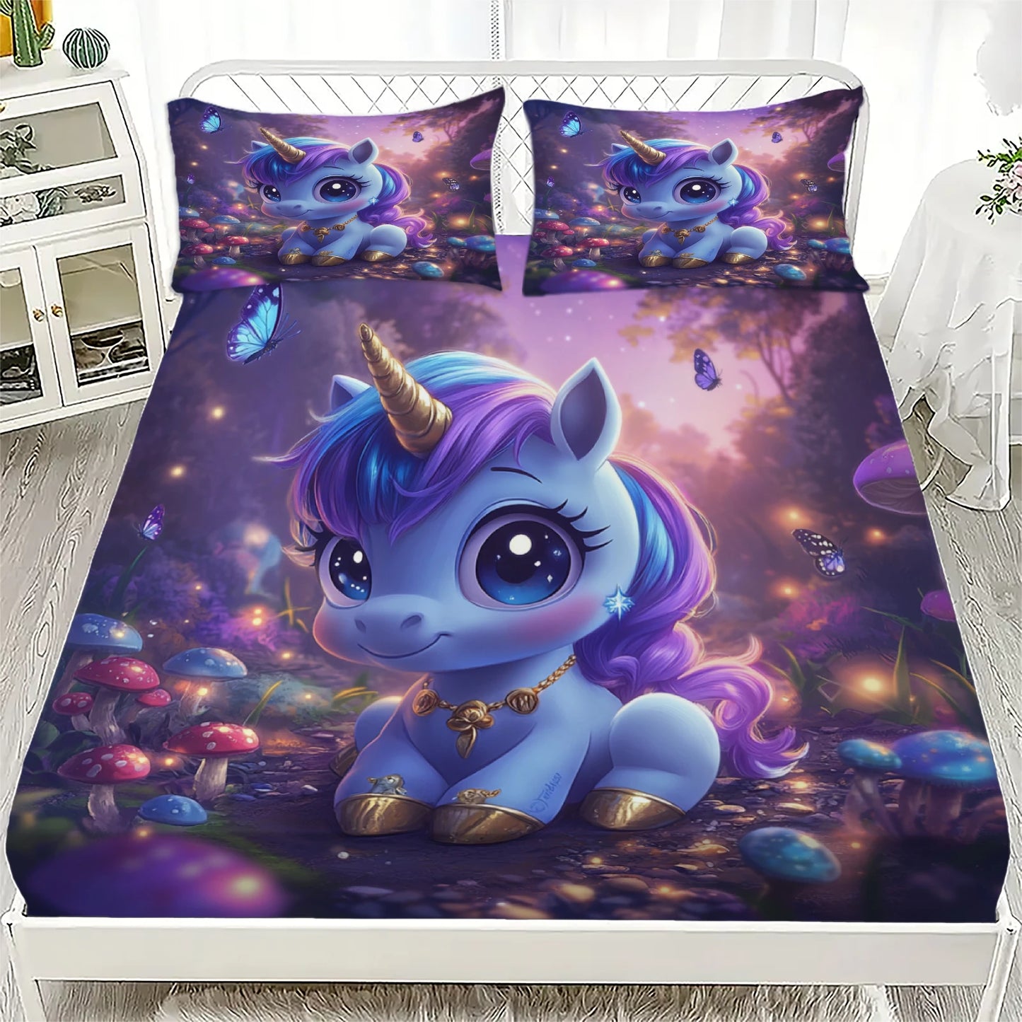 3D Fitted Sheets Set Unicorn Pattern Cute Bedding Set Printed With 1/2 Pillowcases Customized For Boys And Girls Kids Decorate.