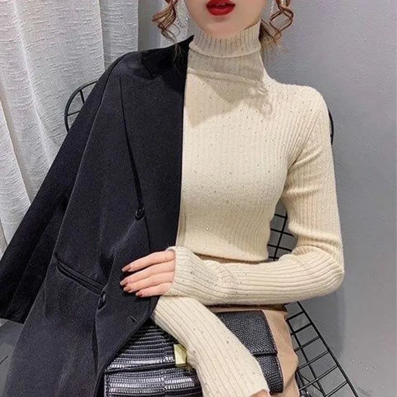 Women Clothing Fashion Elegant Turtleneck Pullover Autumn Winter Solid Slim Long Sleeve Sweater Office Lady Casual Dignified Top