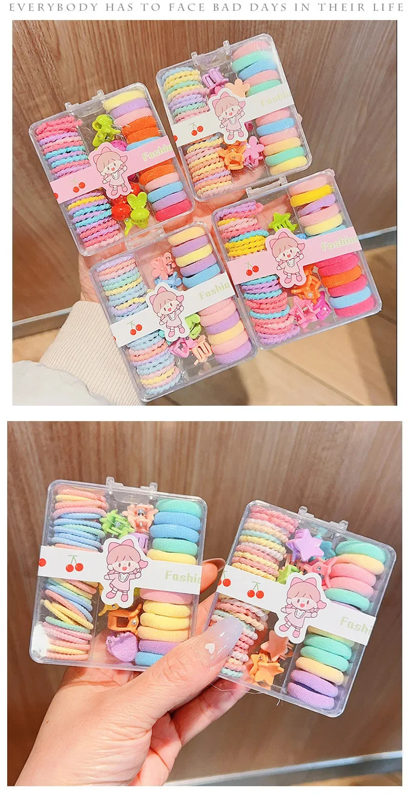 New Cute Box Set Children's New High Elasticity Elastic Band Candy Color Hair Tie Clip Hair Clip Rope Princess Accessories.