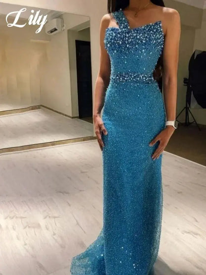 Lilie Blau Wunderschöne Strass Ballkleider Eine Schulter Ärmelloses Abendkleid Perlen Pailletten Meerjungfrau Partykleider Maßgeschneidert.