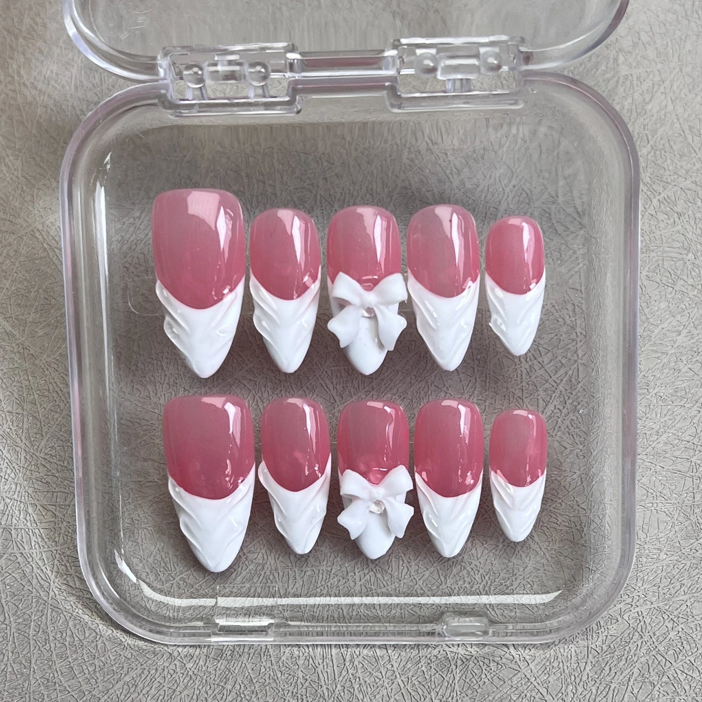 10pcs White French Handmade False Nails 3D Bowknots Designs Press On Nails Rose Pink Detachable Almond Fake Nail Patches.