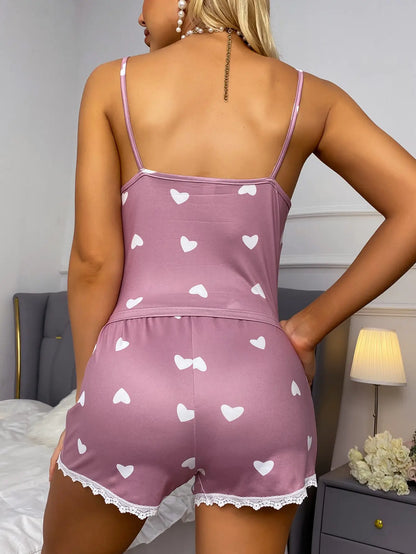 Damen-Pyjama, neues Design, ein Hosenträger, ein Paar Shorts, zweiteilig, hellviolett, Heimkleid, Liebesmuster, Spitze, schön, elegant, lässig.