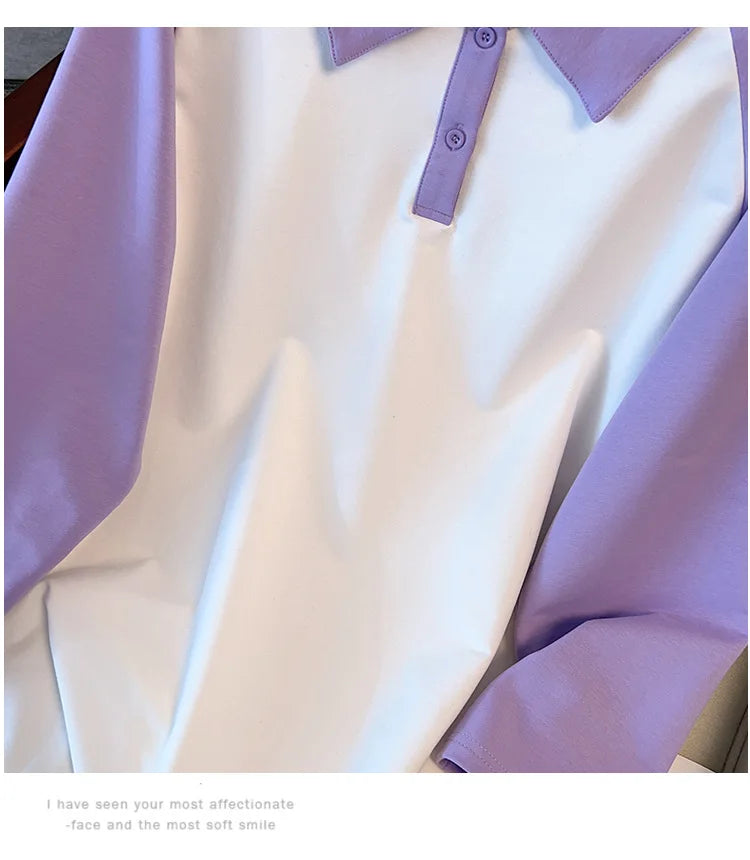 170kg plus size Damen büste Frühling Herbst loser Polo kragen kontrastieren des Sweatshirt schwarz lila 4xl 5xl 6xl 7xl 8xl 9xl.