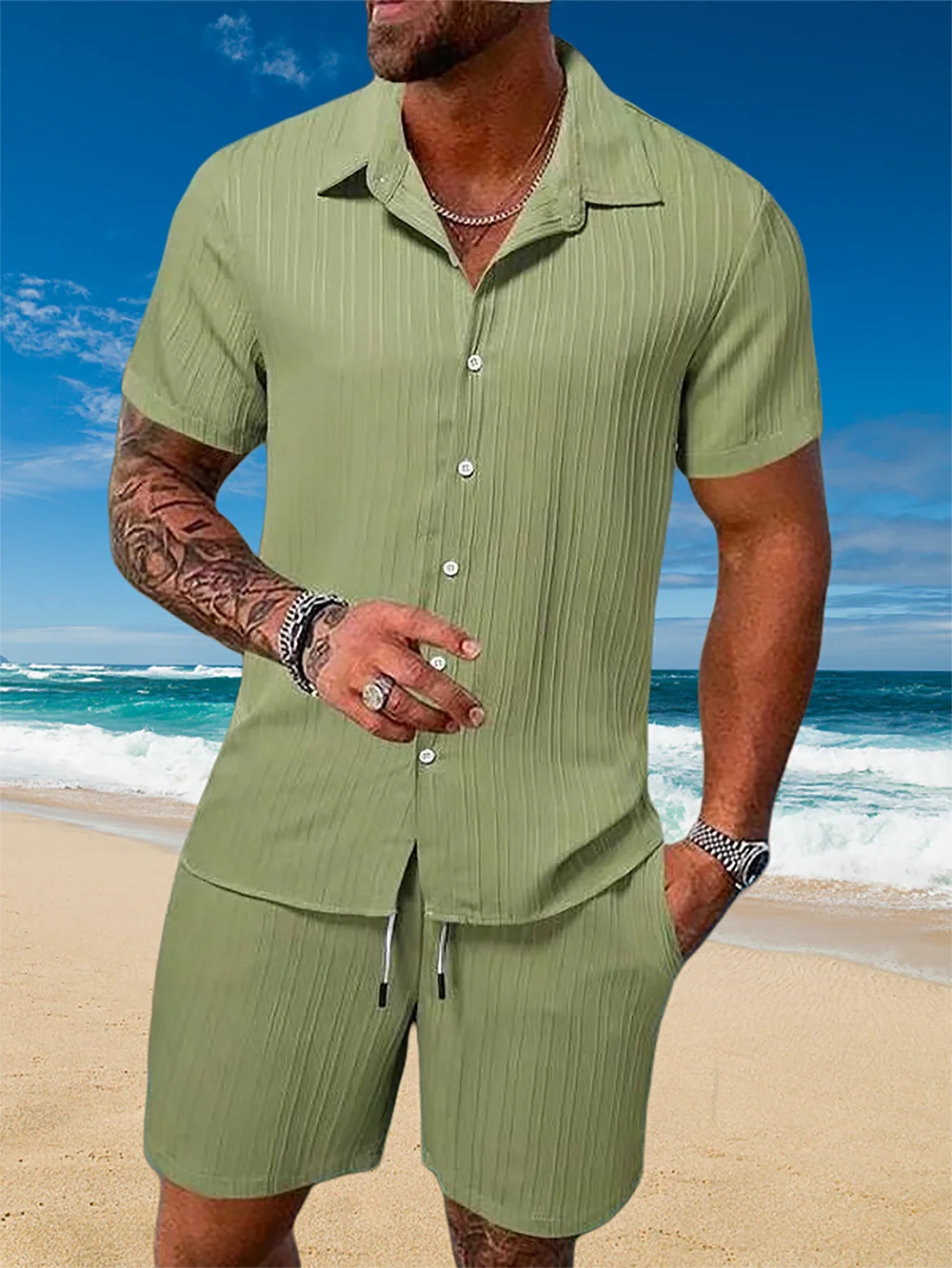 Ice Silk Cool Summer Men's Solid Color Polo Casual Loose Short Sleeve Shorts Sport Set Beach Surfing Ultra-thin Ultra Light