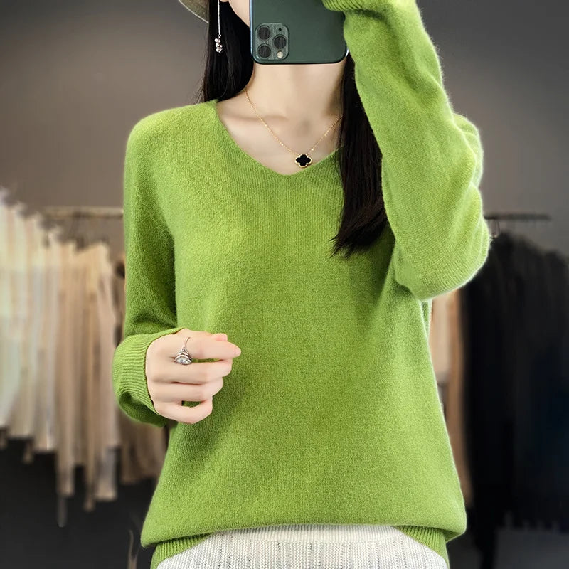 Women 100% Merino Wool Sweater V-Neck Basic Pullover Autumn Winter Cashmere Clothing Long Sleeve Soft Knitwear Tops Solid Color