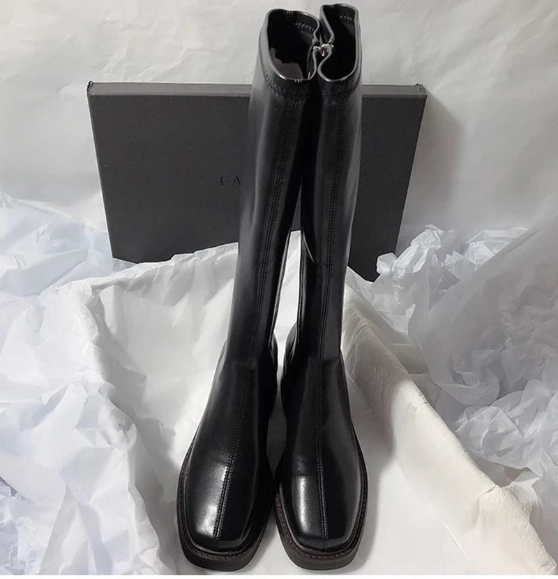 Vintage Thick Heel Women Knee High Boots Fashion Side Zippers Shoes Autumn Winter Ladies Concise Long Botas De Mujer.